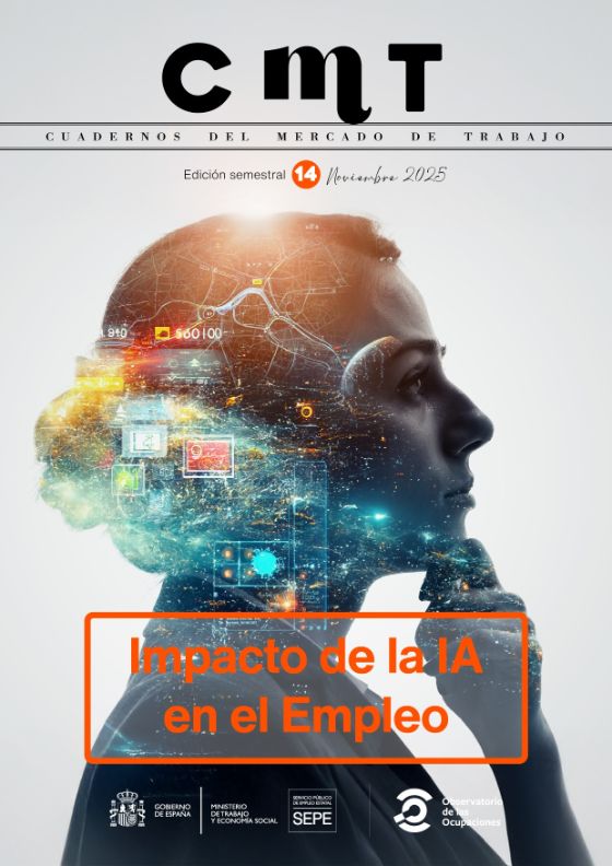 Imagen de la Portada de la revista de CUADERNOS DEL MERCADO DE TRABAJO nº 14 dedicado el dossier al impacto de la IA en el empleo y el tema de actualidad centrado en la evolución de las escuelas taller a los Programas TándEM. En la Portada aparece la figura del perfil de una cara de mujer pensando y detrás en su cabeza surgen imágenes de diferentes ideas y complementos de la IA