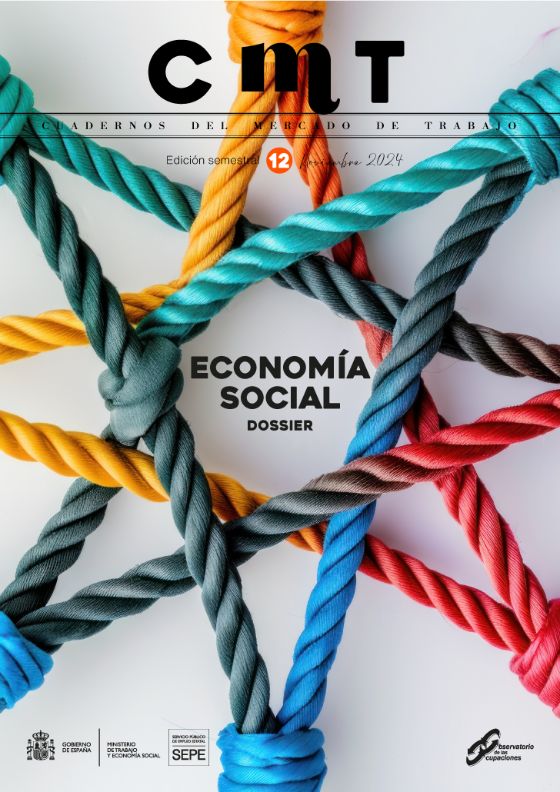 Portada de la revista Cuadernos del Mercado de Trabajo CMT 12, en la imagen se pueden ver unas cuerdas de diferentes colores entrelazadas , a través de nudos que representa el dossier sobre "Economía Social"