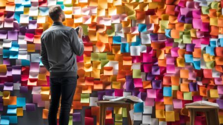 Imagen de un joven de espaldas mirando un mapa lleno de Post it de diferentes colores, es la foto identificativa del artículo de "CUANDO LA IA SUSTITUYE AL BECARIO: ¿ESTÁ EN RIESGO EL FUTURO DEL TALENTO JOVEN?"  de Silvia Leal sobre el impacto de la IA en el empleo de los jóvenes