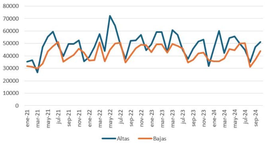 Gráfico de líneas que muestra la evolución bimensual desde enero de 2021 a septiembre de 2024 de las altas y bajas de puestos ofrecidos para gestión
