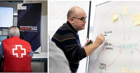 Imagen con 2 fotos de Cruz Roja de una Noticia de Hipatia sobre el edadismo, sobre todo en personas mayores de 45 años