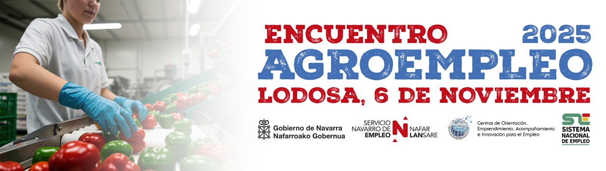 Imagen de trabajadora manipulando hortalizas junto al logotipo del evento Encuentro Agroempleo 2025 en Lodosa