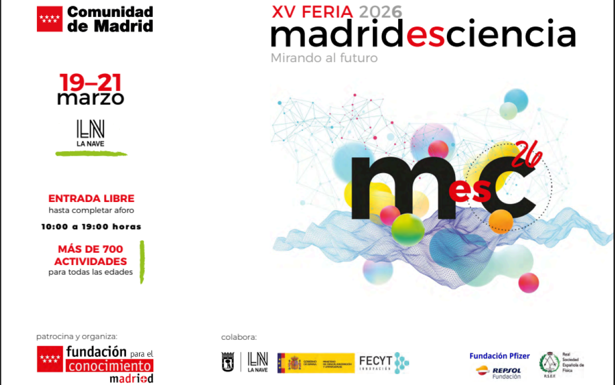 Logo de la XV feria de Madrid es ciencia. En el extremo izquierdo aparece el logo de la Comunidad de Madrid jun con la fecha del evento (19-21 marzo), horario (de 10 a 19 horas) y alguna información más. En la parte inferior están los logos de los patrocinadores y colaboradores.