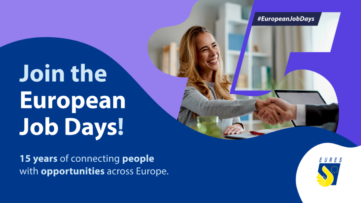 Fotografía de una mujer dando la mano a otra persona enmarcada en un fondo azul y violeta con forma del número 15. Algo de texto y el logo de EURES