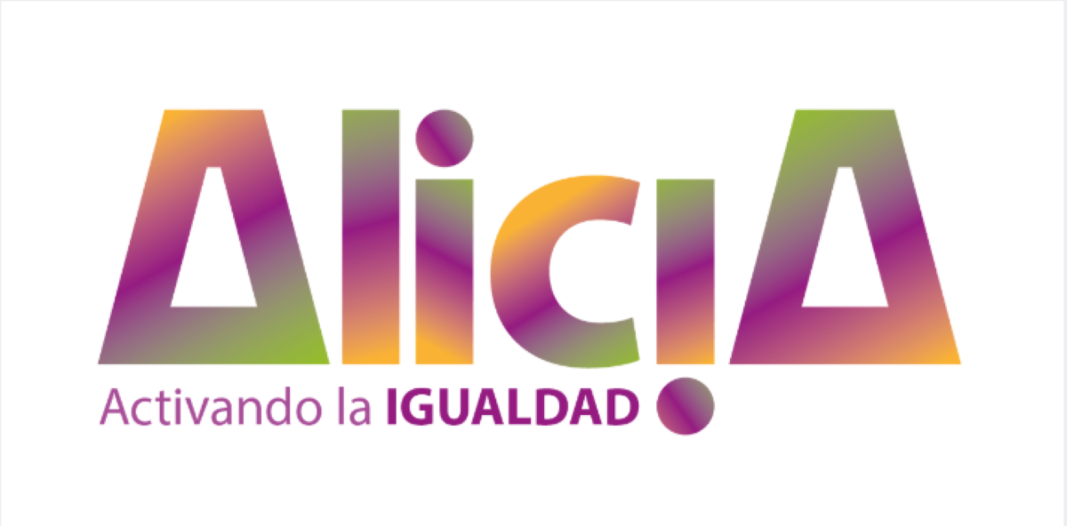 Logo del programa "Alicia. Activando la IGUALDAD" con letras en tonos morados, naranjas y verdes sobre un fondo blanco.