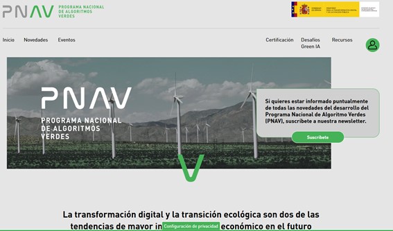 Imagen del PNAV (Plan Nacional de Algoritmos Verdes) en el que parece de fondo un parque eólico con molinos