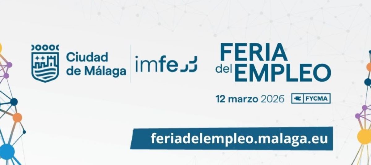 Cartel de la Feria de empleo de Málaga. Fondo blanco con imágenes circulares de colores entrelazadas en ambos extremos y en el centro el logo de "Ciudad de Málaga", la fecha del evento (12/03/2026) y la página web.