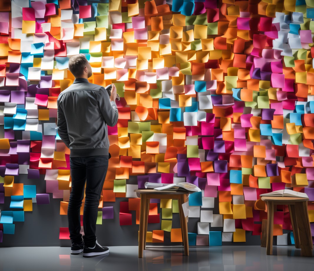 Imagen de un joven de espaldas mirando un mapa lleno de Post it de diferentes colores, es la foto identificativa del artículo de "CUANDO LA IA SUSTITUYE AL BECARIO: ¿ESTÁ EN RIESGO EL FUTURO DEL TALENTO JOVEN?"  de Silvia Leal sobre el impacto de la IA en el empleo de los jóvenes
