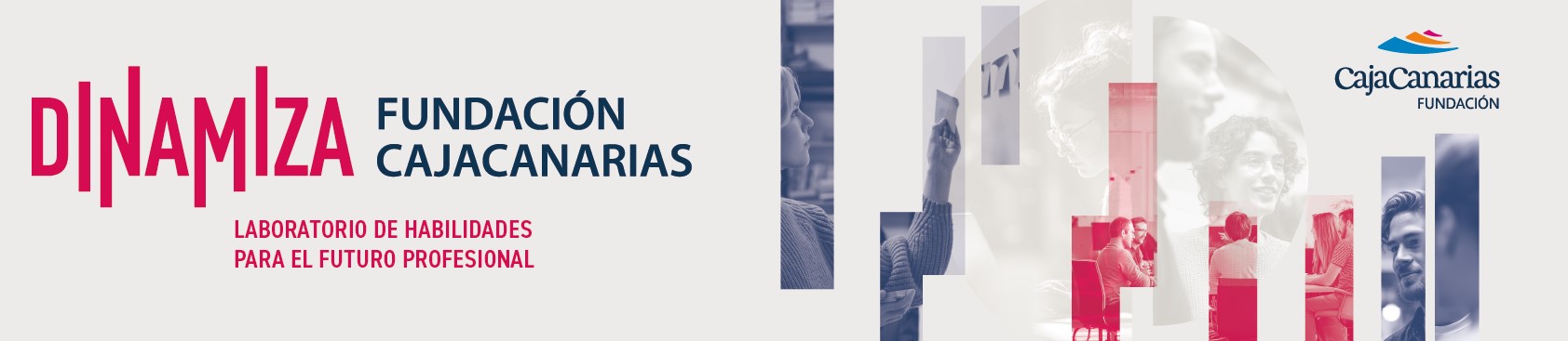 Logo del evento al lado de unas imágenes superpuestas y poco nítidas  de personas reunidas y trabajando en un entorno administrativo