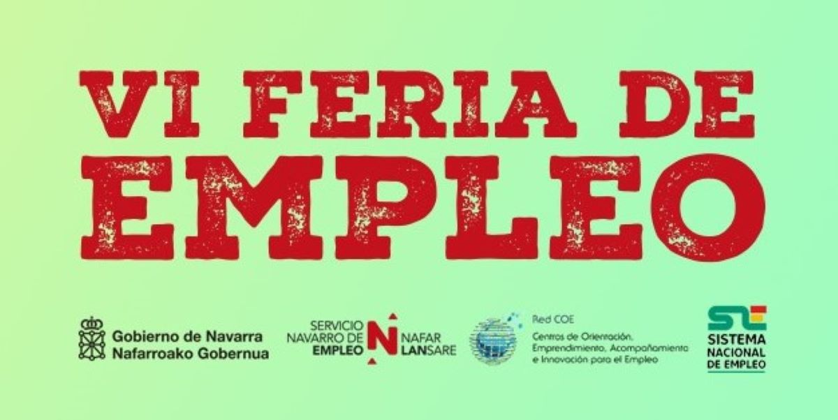 Texto "VI Feria del empleo" en rojo sobre fondo fondo verde acompañado de los logos del Gobierno de Navarra, Servicio Navarra de Empleo, Red COE y Sistema Nacional de Empleo.