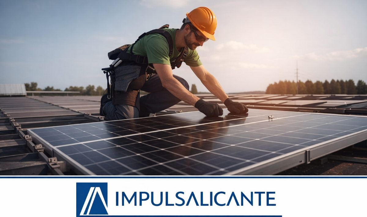 Operario con casco amarillo trabajando sobre placas solares al atardecer. De fondo se ven los picos de varios árboles. En la parte inferior aparece el logo de "ImpulsaAlicante" con letras azules sobre fondo blanco.