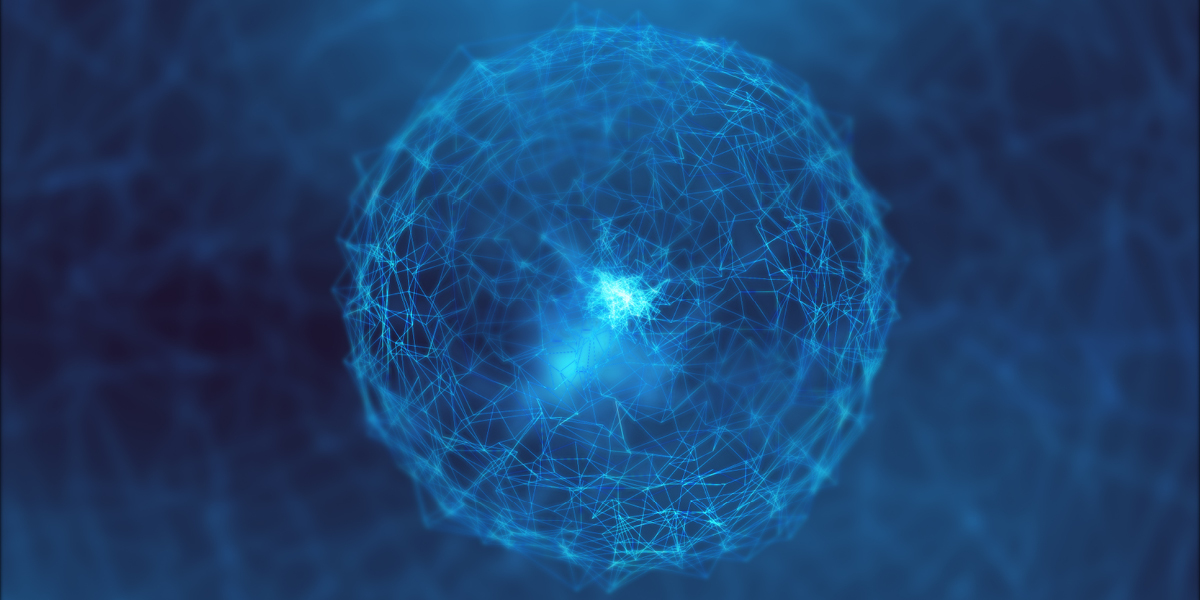 Imagen de una bola entrelazada con uniones entre sí, con un punto de luz en el centro