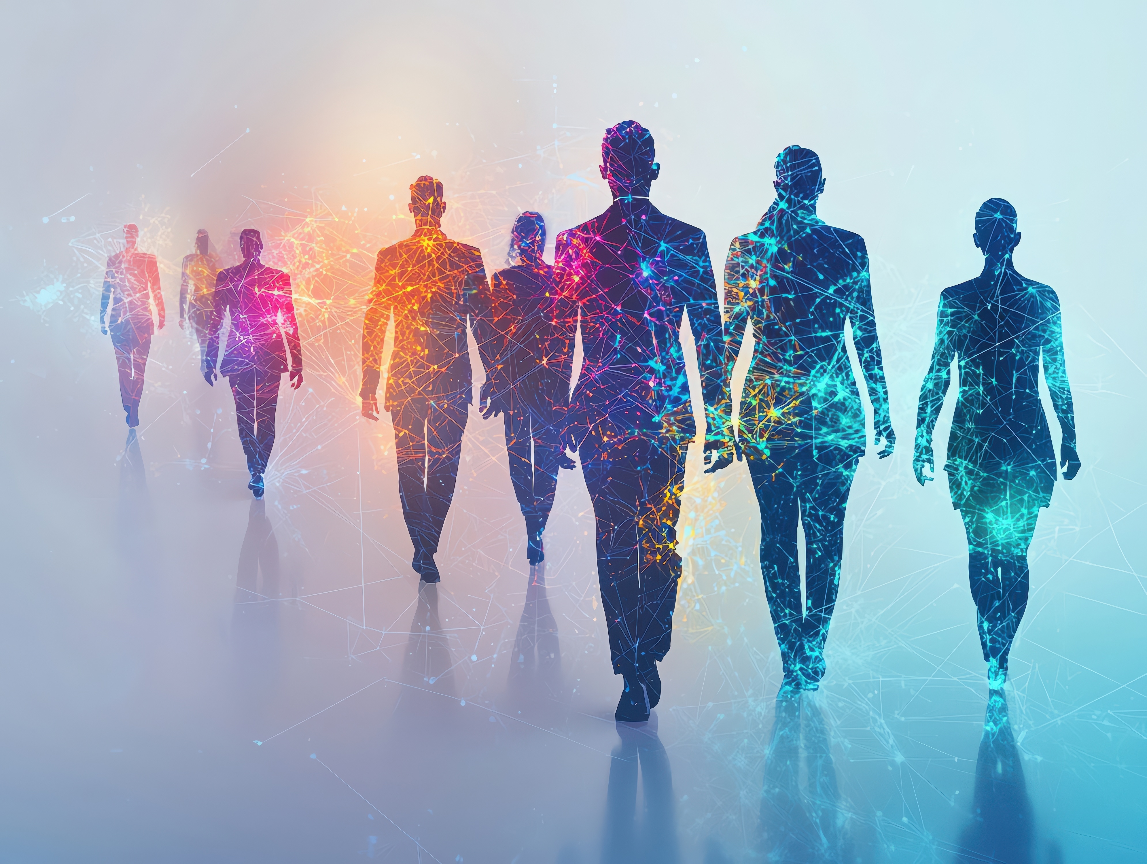 Imagen de varias personas de traje caminando hacia delante con líneas de colores que sugieren la idea de digitalización en el empleo