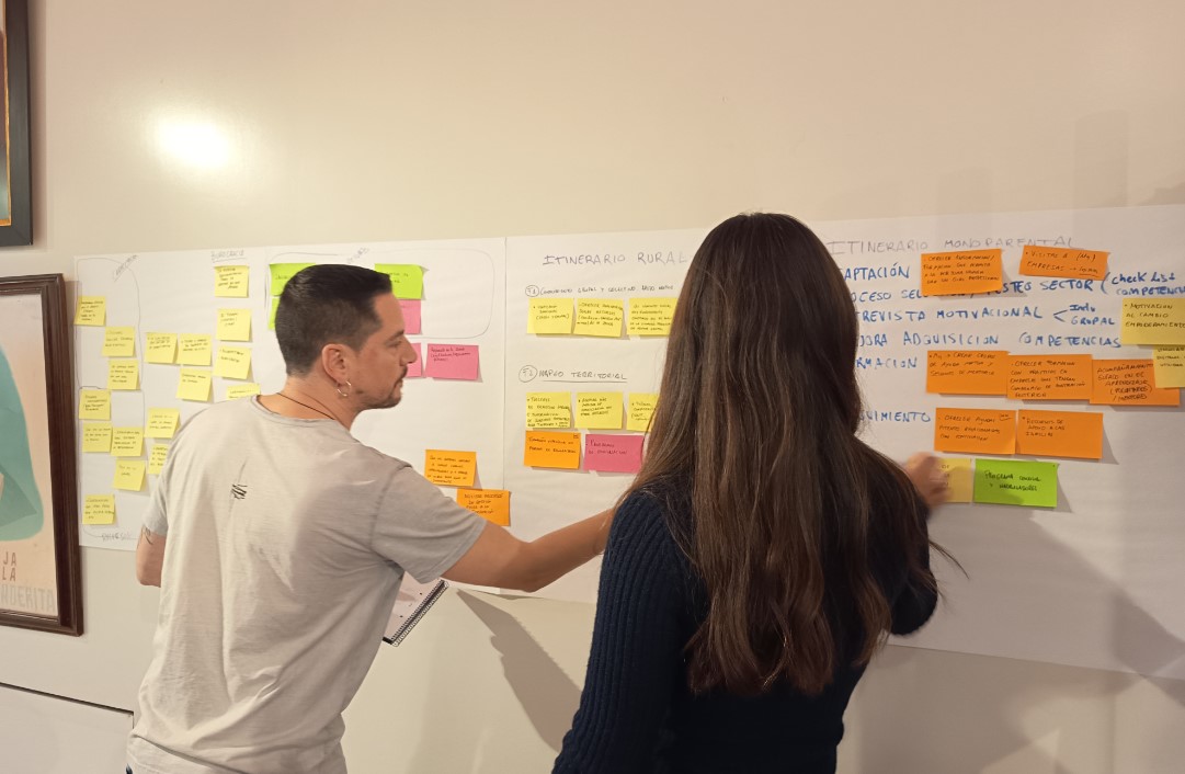 Imagen del Proyecto de Cruz Roja "Empleos Decentes" para combatir la pobreza laboral. Aparece un joven apuntando en una pizarra y una profesora explicando