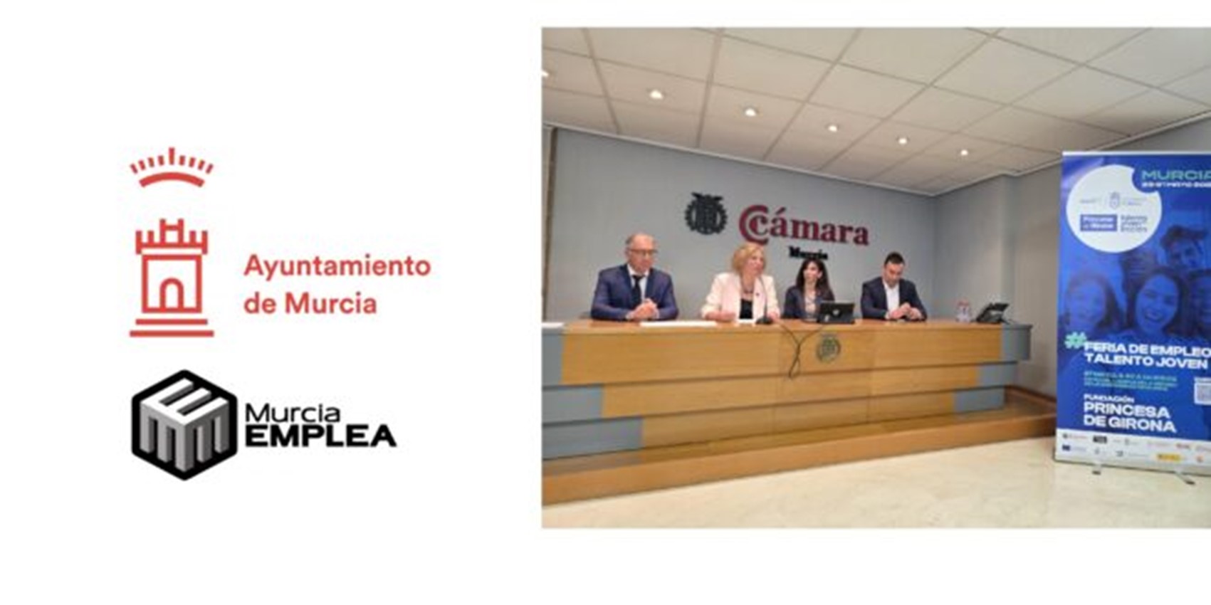 Imagen, a la derecha, los logotipos de Ayuntamiento de Murcia y Murcia Emplea. A la izquierda. fotografía de cuatro personas exponiendo la charla.