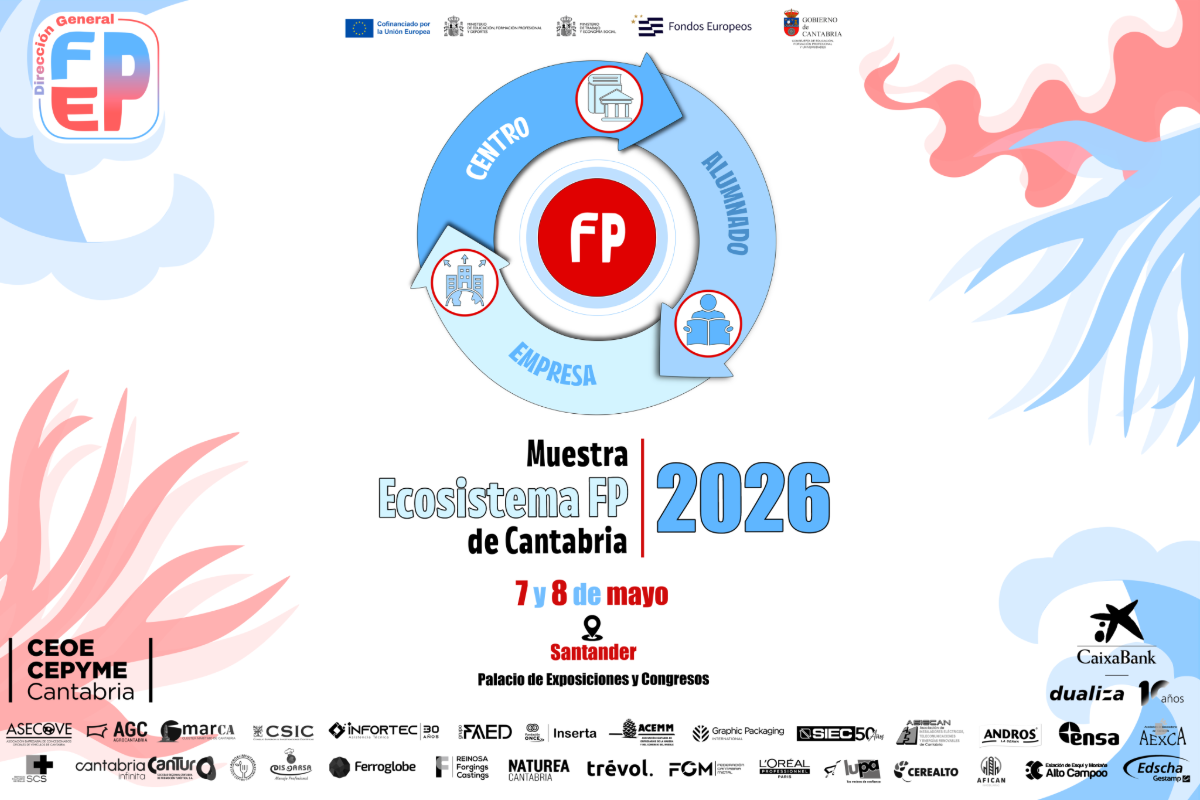 Cartel Muestra Ecosistema FP. Sobre un fondo blanco, en tonos rojos y azules aparece información del evento. En la parte inferior logos de empresas, asociaciones y demás y en la parte superior los de Administraciones Públicas. En el centro una imagen circular con las palabras Centro, Alumnado y Empresas relacionadas con flechas que los relacionan, en el centro de esta imagen pone "FP".